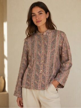 Lauren Ralph Lauren Linen Jacket Paisley Stripe Button Up English Ruffle Spring